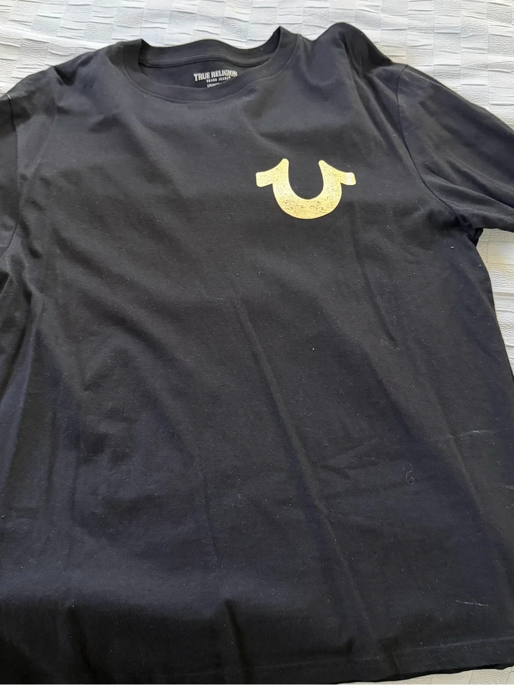 True Religion Black Short Sleeve Tee with Gold Horseshoe Logo